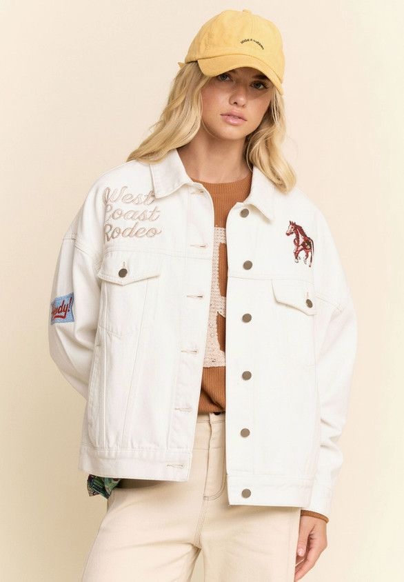 Embroidered Western Denim Trucker Jacket, Color: White, Size: S