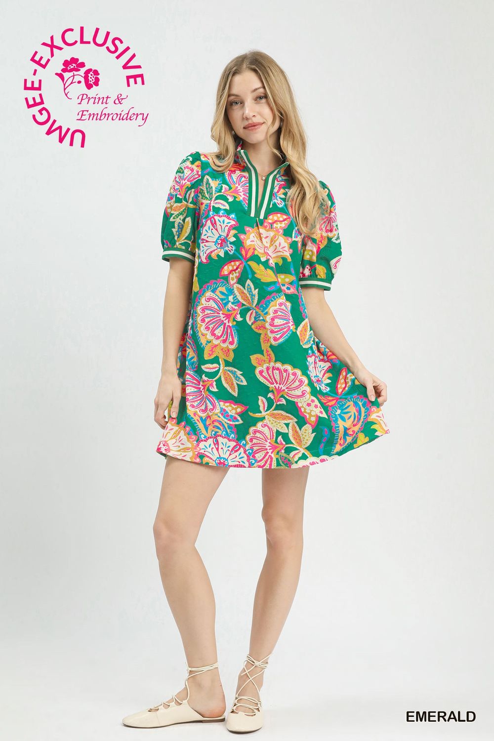 Jacquard Paisley Print Puff Sleeve Tunic Dress, Color: Emerald Mix, Size: S