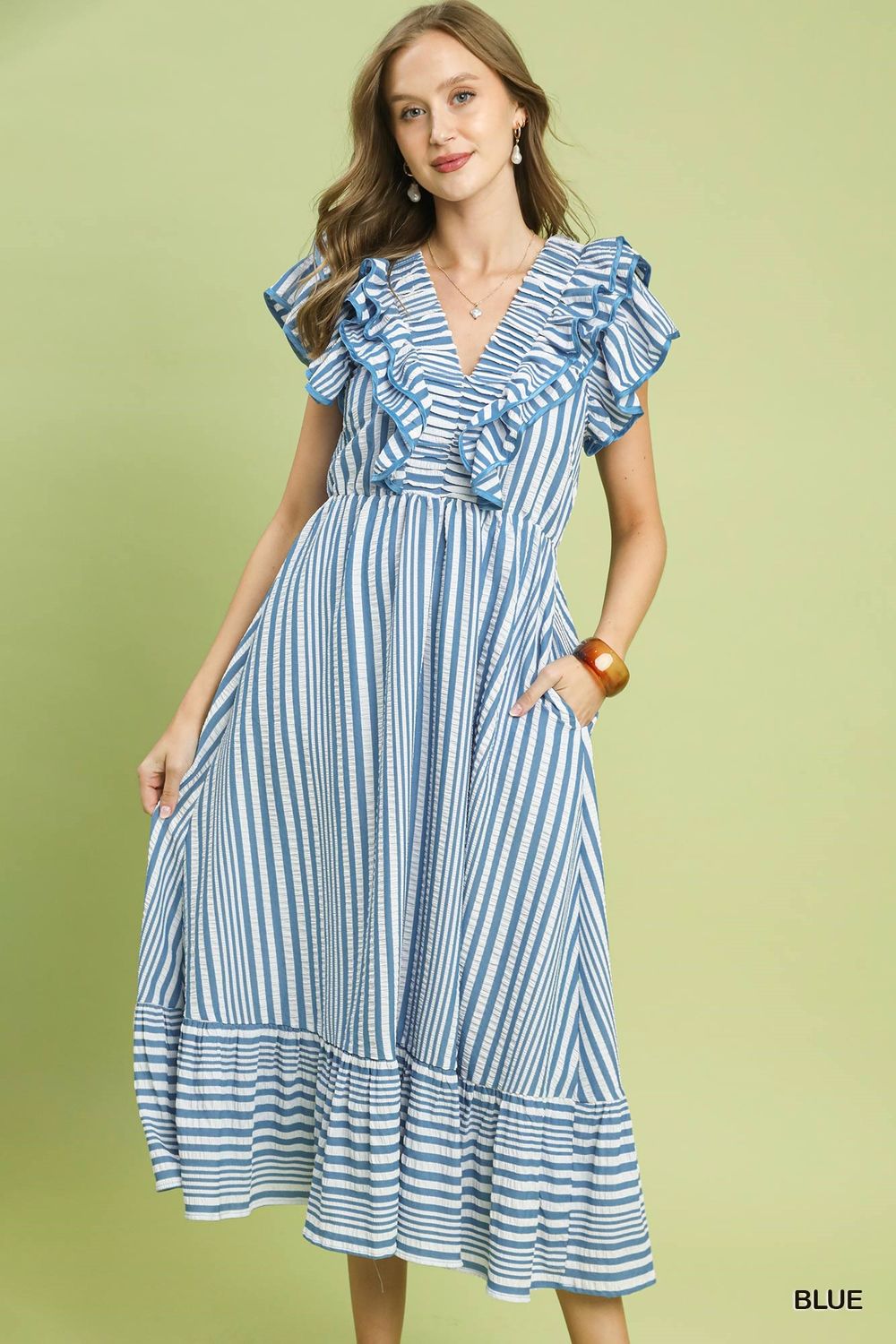 Ruffled Striped Midi Dress, Color: Blue, Size: S