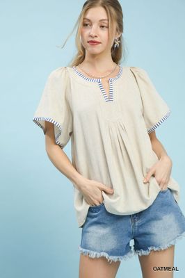 Contrast Trim Flutter Sleeve Babydoll Top