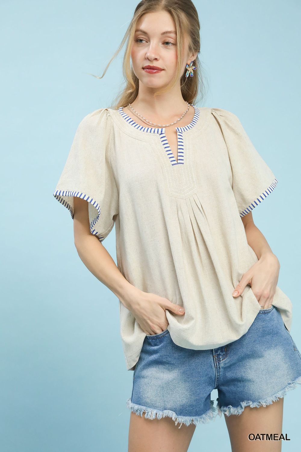 Contrast Trim Flutter Sleeve Babydoll Top, Color: Oatmeal, Size: S