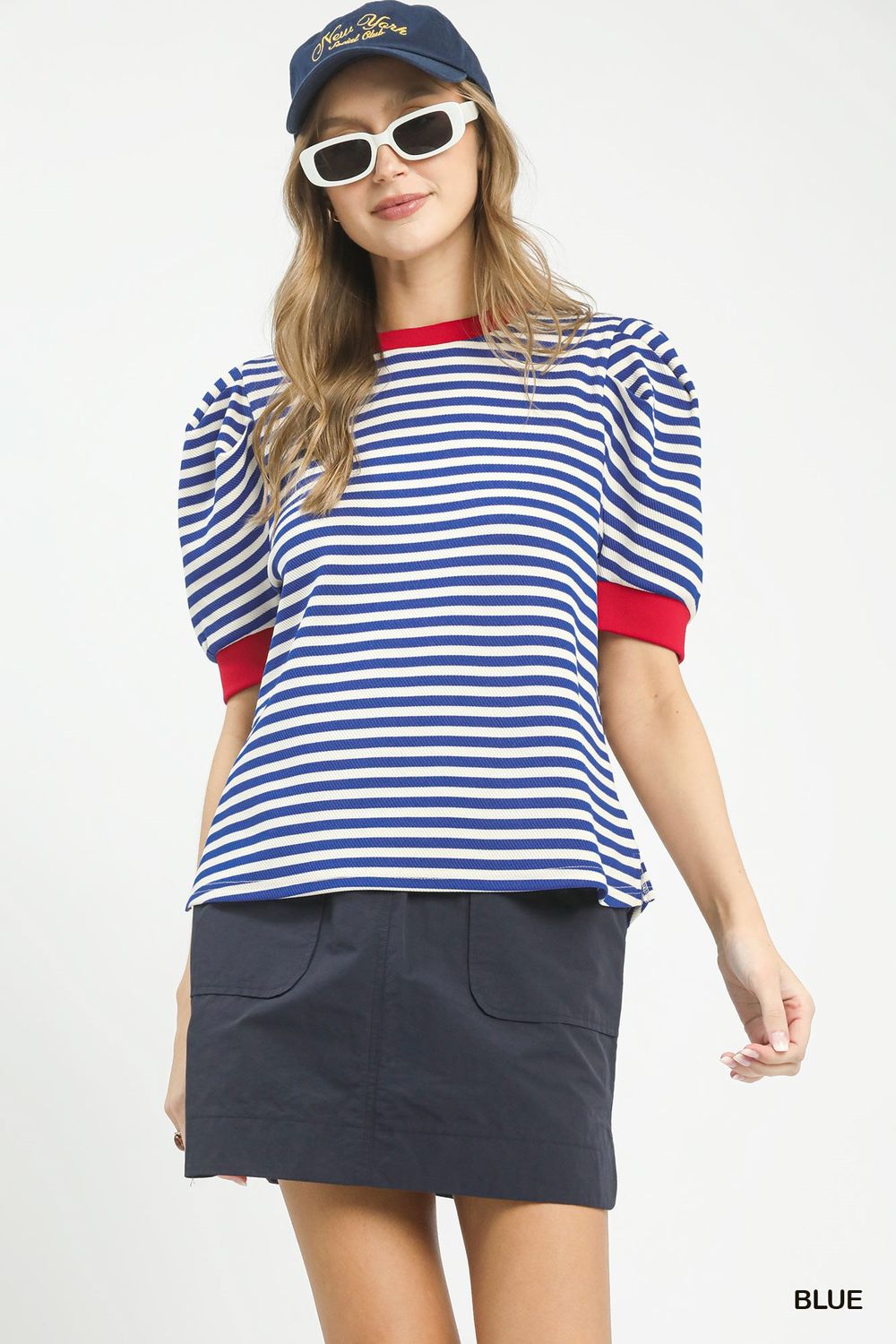 Striped Puff Sleeve Contrast Trim Knit Top, Color: Blue, Size: S