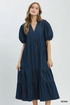 Denim Collared v-Neck Tiered Midi Dress 