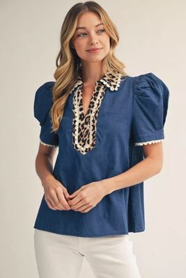 Puff shoulder denim top with leopard