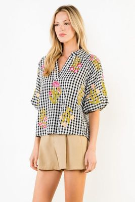 Gingham pattern floral embroidery top