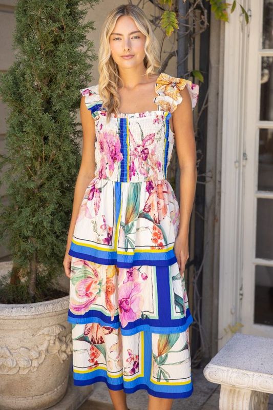 Floral Border Print Smocked Bodice Tiered Midi Dress