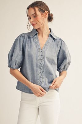 Short puff sleeves button down top