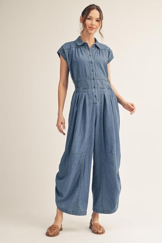 Short drop shoulder button down wide leg jumpsuit