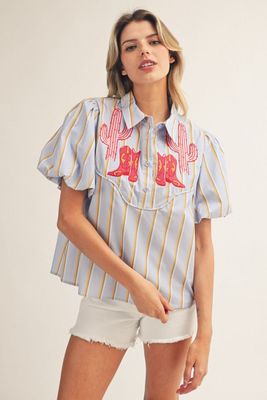 Short puff sleeves stripe top with Western embroidery accent