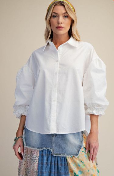 3/4 Sleeves Button Down Poplin Shirt, Color: White, Size: S
