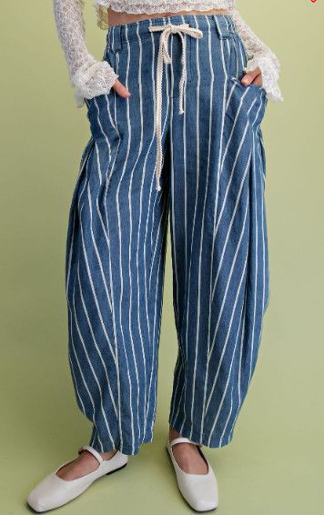 Striped Printed Washed Chambray Pants, Color: Denim, Size: S