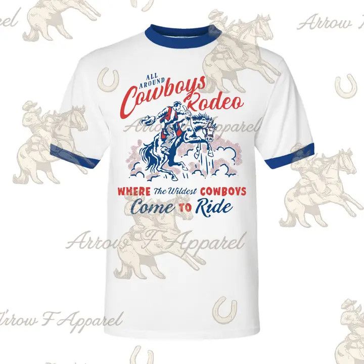 All Around Cowboys Rodeo| Western Graphic Ringer Tee (Blue), Size: Small
