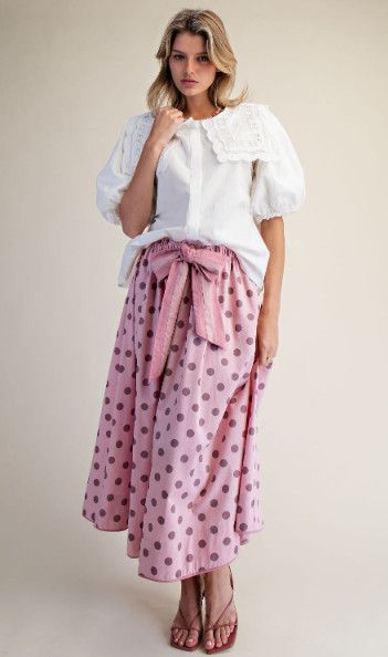 Tie Waisted Polka Dot Maxi Skirt, Color: Dusty Rose, Size: S