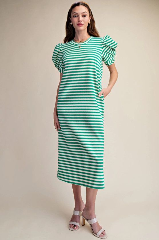 Round Neck Puff Sleeve Midi Dress, Color: Green, Size: S