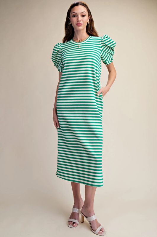 Round Neck Puff Sleeve Midi Dress