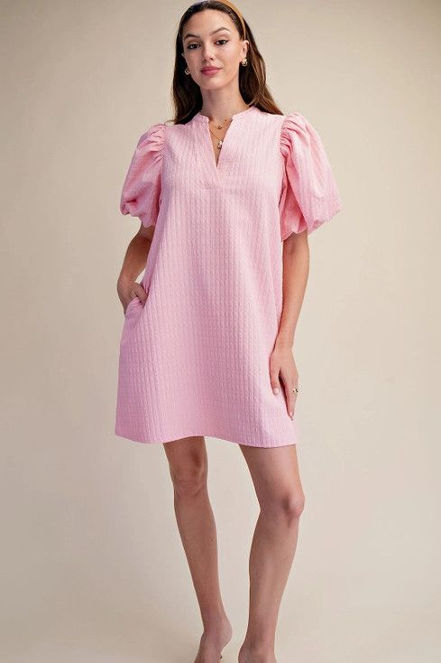 Mini Dress Puff Sleeve V-Neck Stitch Detailed