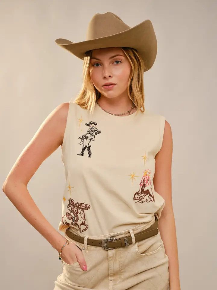 Western Motif Embroidered Sleeveless Top, Color: Tan, Size: S
