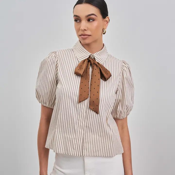 Bow Blouse with Stripes and Polka Dots, Color: Cream/Mocha, Size: S