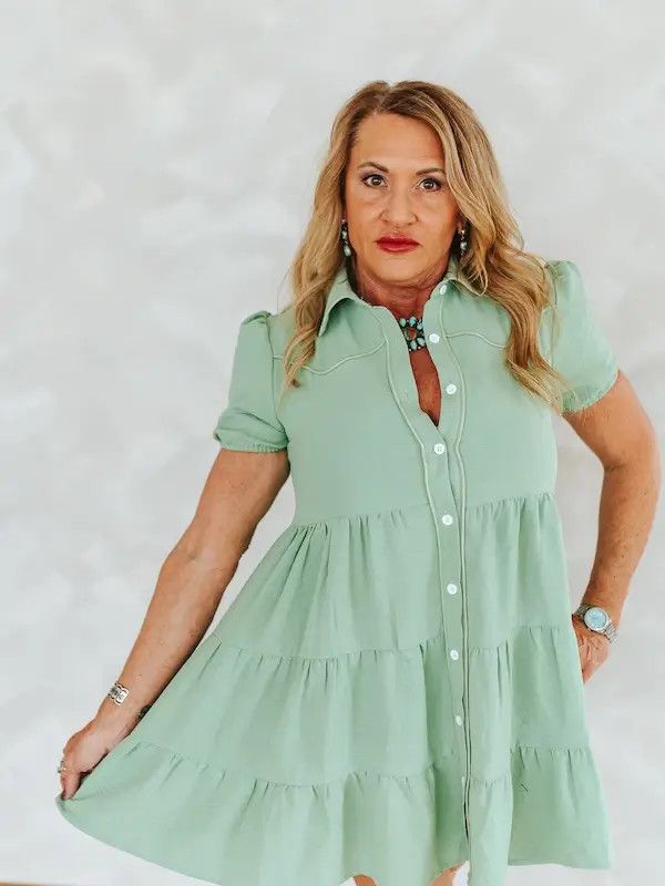 Pistachio Puff Sleeve Western Ruffle Dress, Color: Pistachio, Size: S
