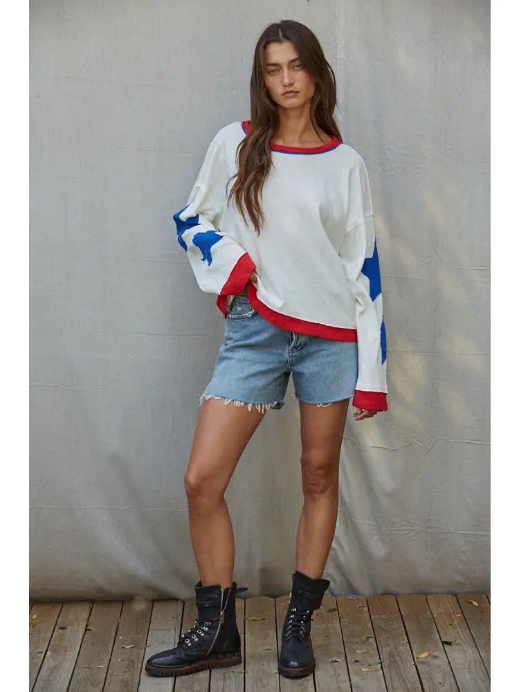Knit Cotton Long Sleeve Star Details Top, Color: Off-white, Size: S
