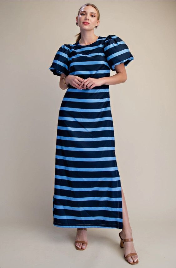 Puff Sleeve A-Line Side Slit Maxi Dress, Color: Navy/Blue, Size: S