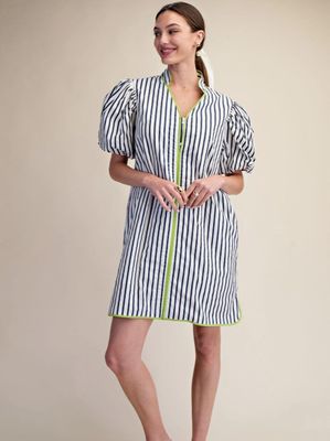 Collar Neck Puff Sleeve Stripe Mini Dress