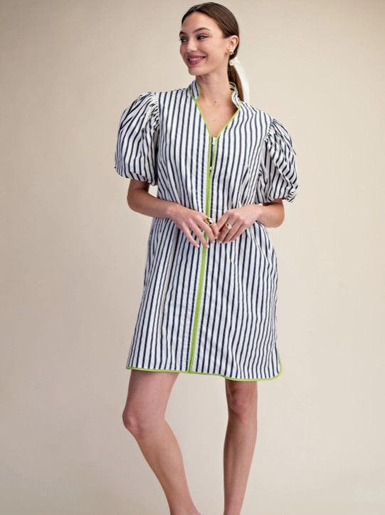 Collar Neck Puff Sleeve Stripe Mini Dress, Color: Navy, Size: S