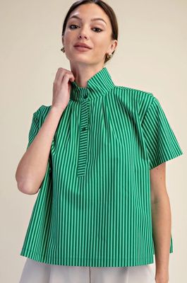 Stand Collar Short Sleeves Striped Shirt