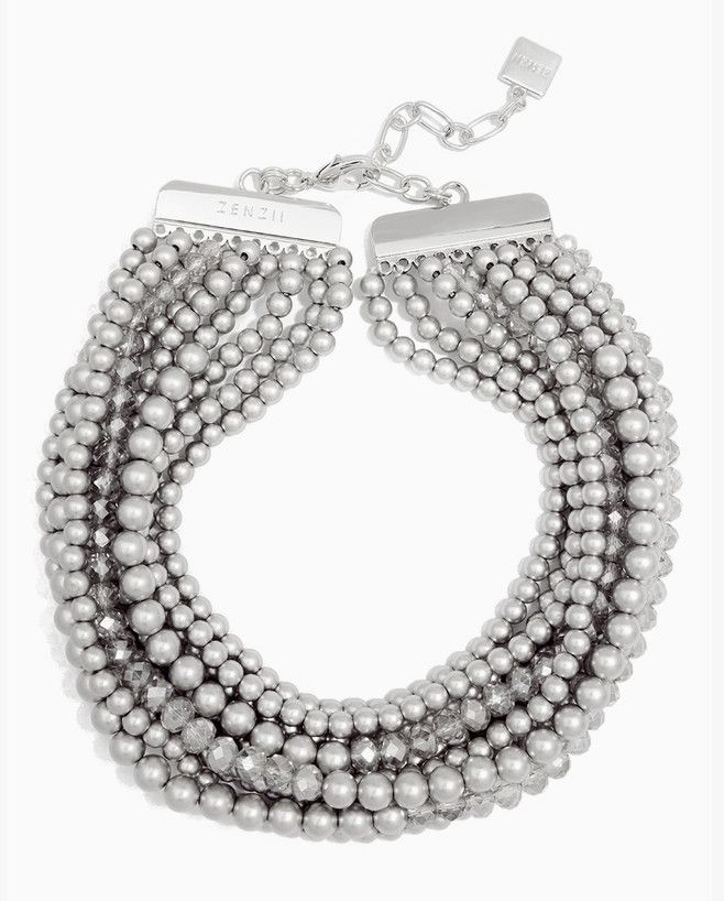 Metallic and Crystal Beaded Collar Necklace- Matte Silver