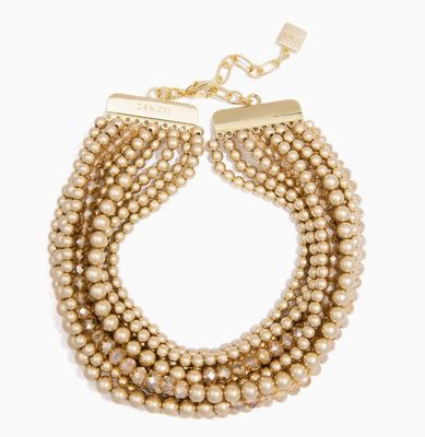 Metallic and Crystal Beaded Collar Necklace- Matte Gold