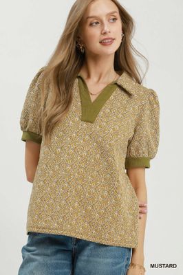 Printed Collared Puff Sleeve Top