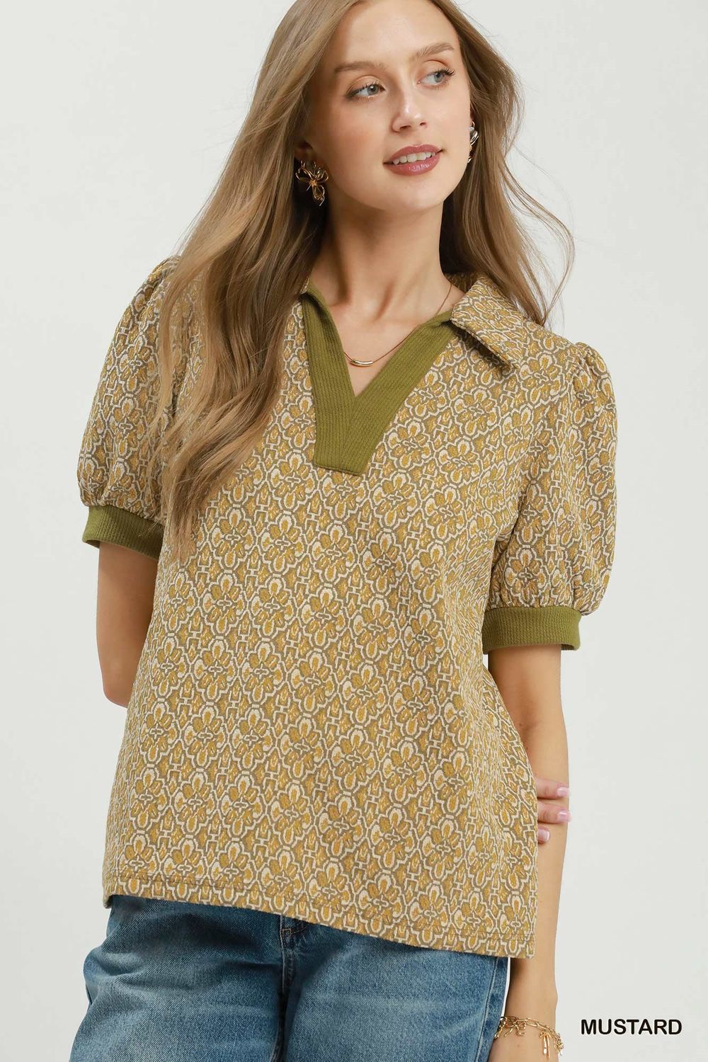 Printed Collared Puff Sleeve Top, Color: Mustard, Size: S