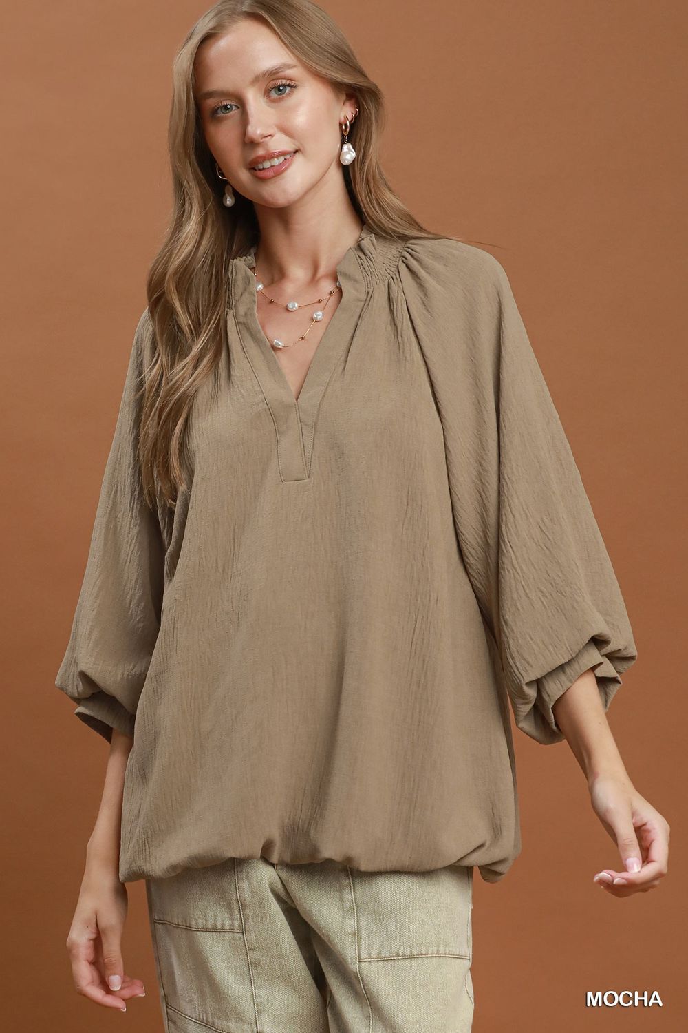 Balloon Sleeve Split Neck Blouse, Color: Mocha, Size: S