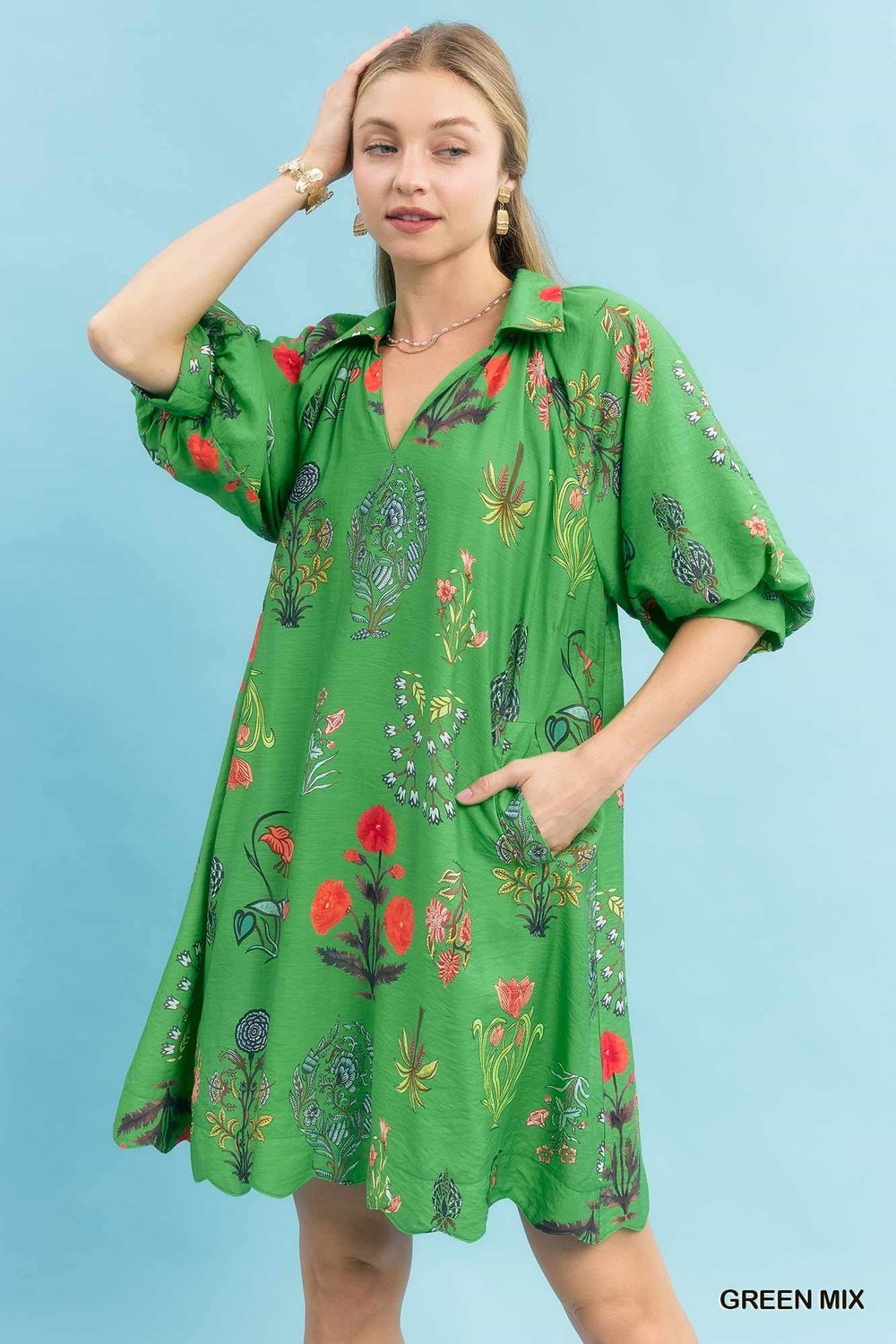 Floral Encyclopedia Print Mini Dress, Color: Green Mix, Size: S