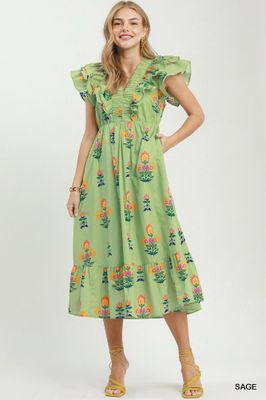 Floral Block Print Ruffle Trim Midi Dress