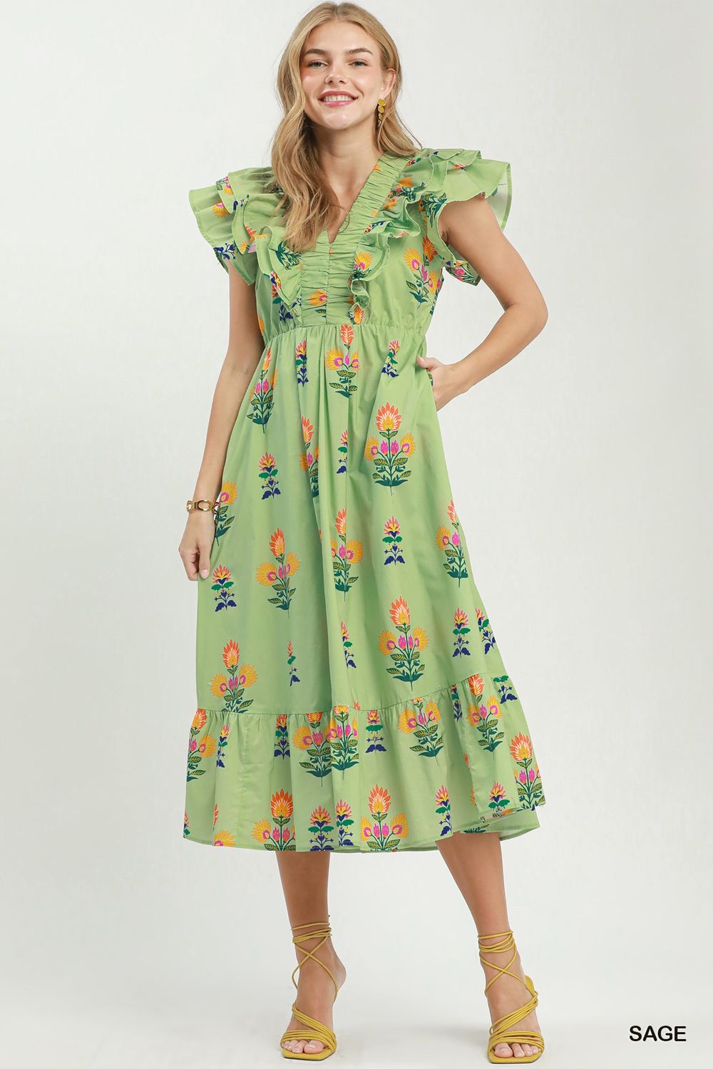 Floral Block Print Ruffle Trim Midi Dress, Color: Sage, Size: S