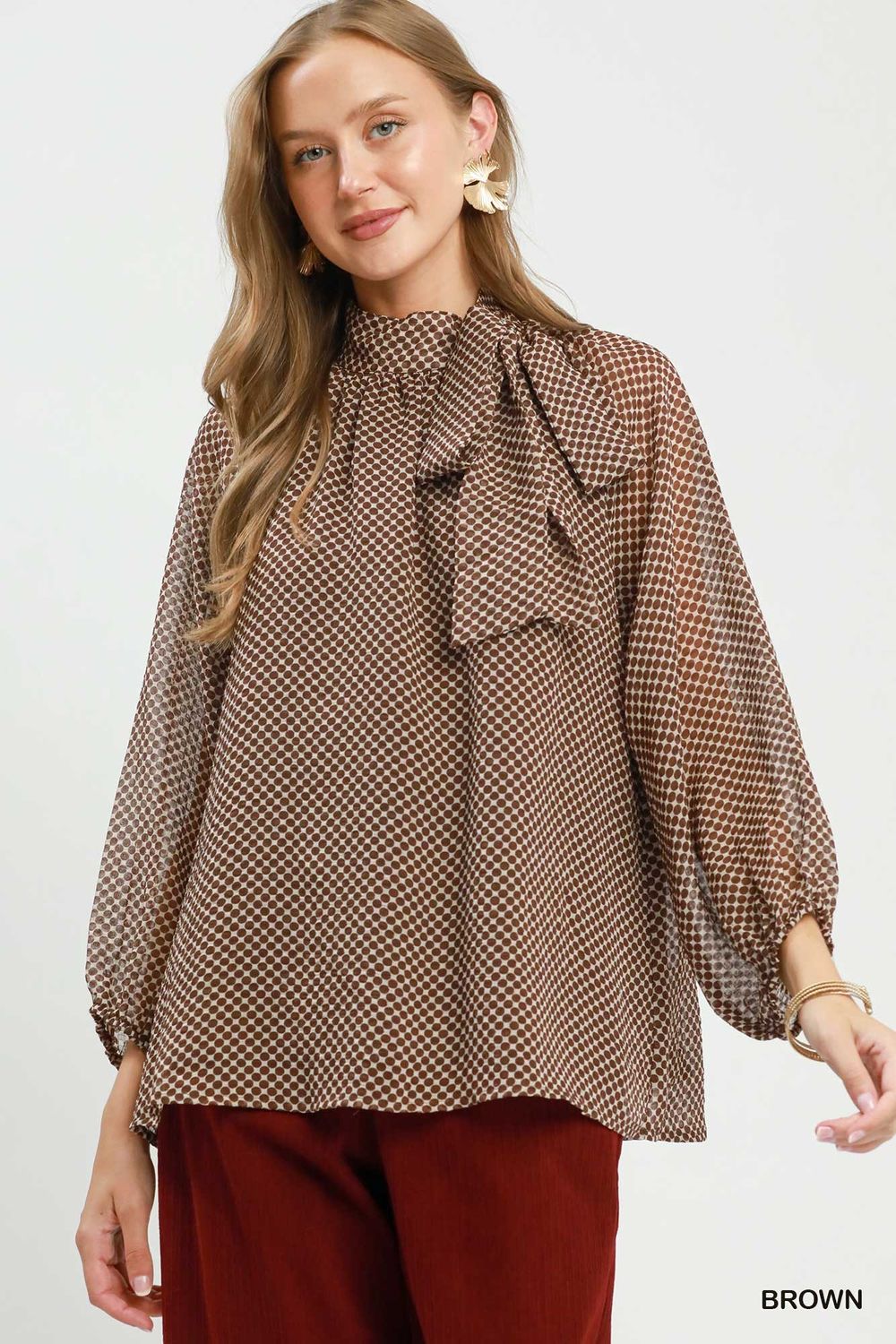 Dot Print Tie Neck Long Sleeve Blouse, Color: Brown, Size: S