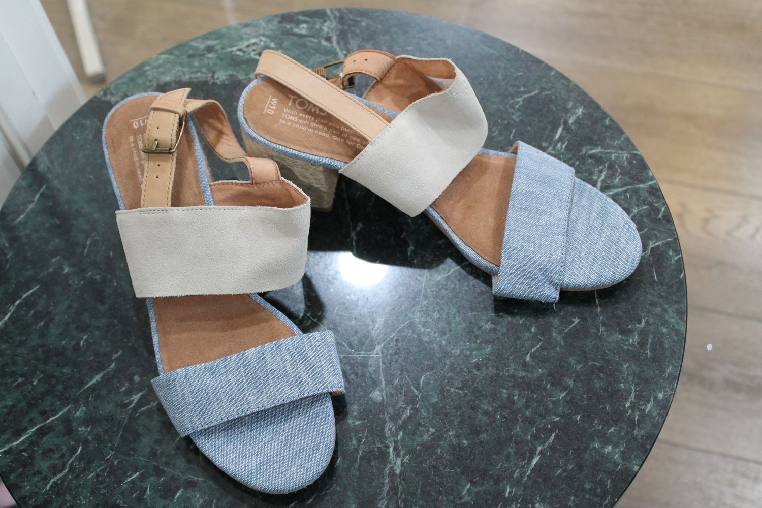 Toms Blue and tan sandles with a heel size 10