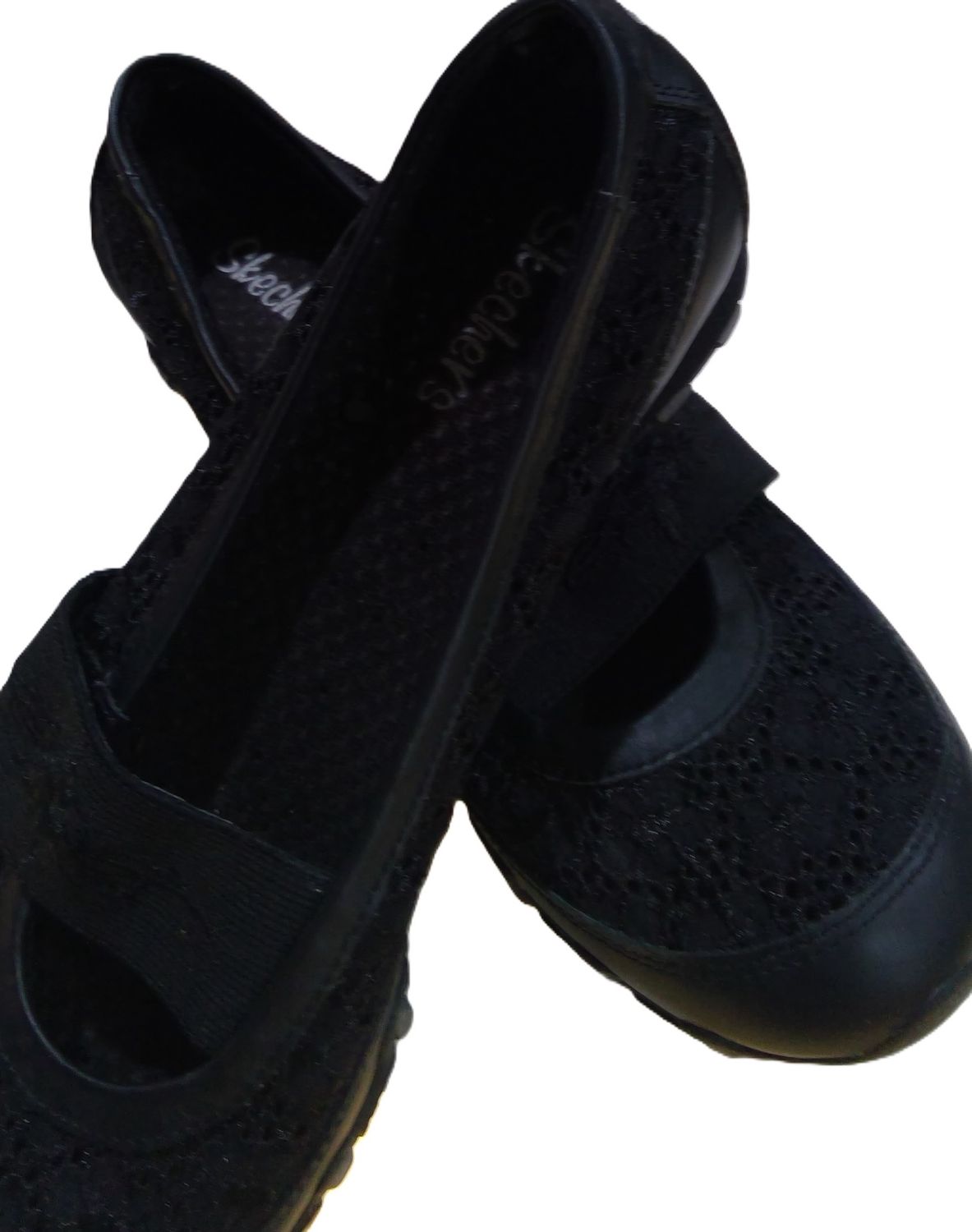 black skechers with flowered lace