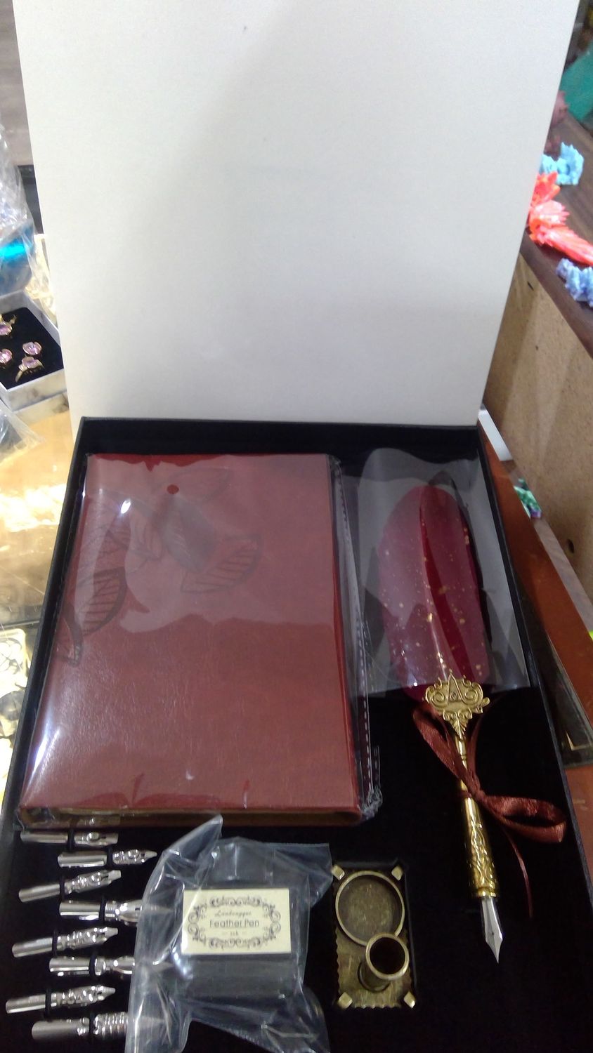 Feather dipped pen carved brown gift set