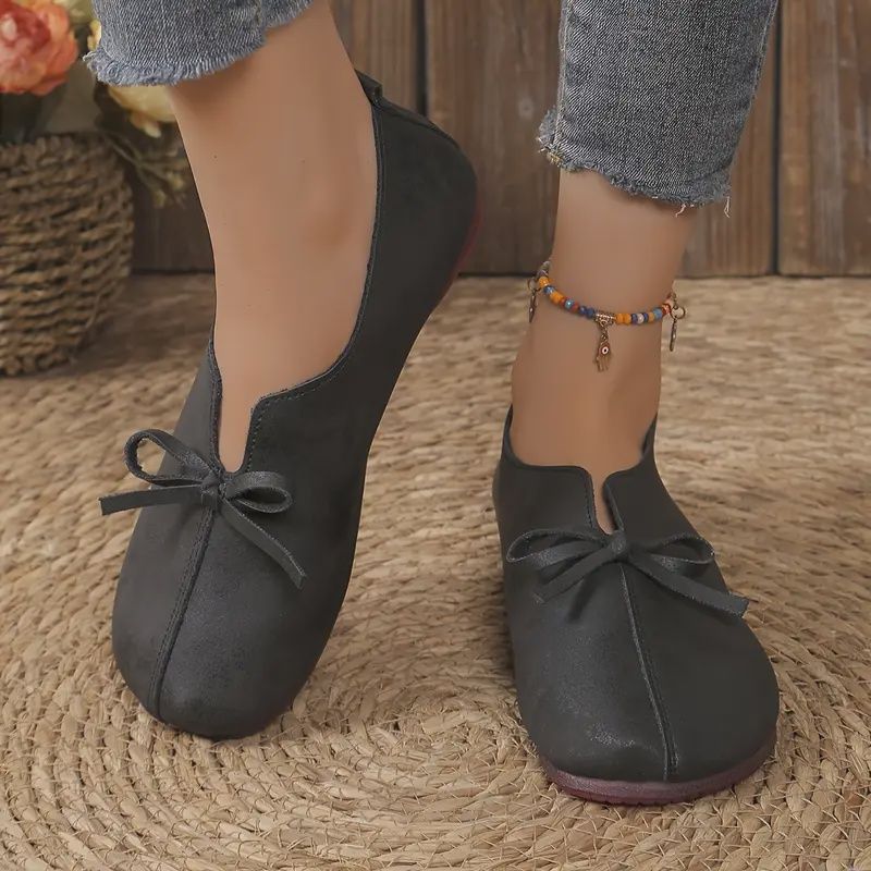 Ballet Flats with Bow Accent - Soft Sole, Round Toe Slip-On Shoes