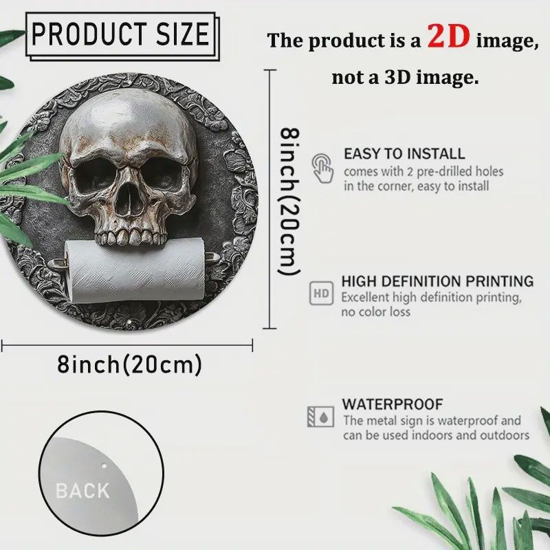 Skull Design Aluminum Toilet Paper Holder - 8x8&quot; Artistic Metal Sign