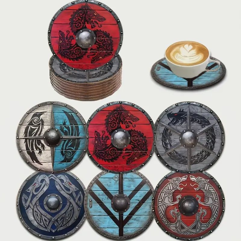 6-Pack Viking Warrior Shield Coasters Set Wooden
