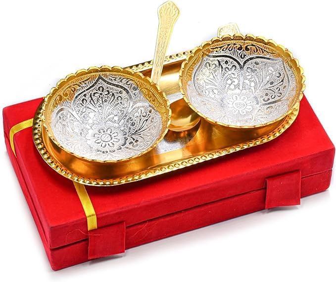 IGH Gold Silver Plated Antique Bowl Spoon Tray Set