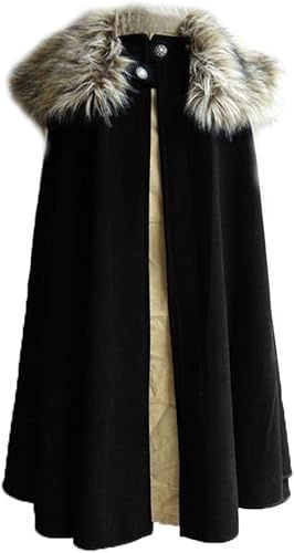 Mens Viking Cloak with Fur Cape, Colour: Black