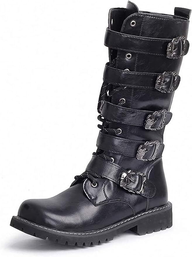 Men&#39;s Leather Motorcycle Long Boots Size 12/46 Skull Buckles