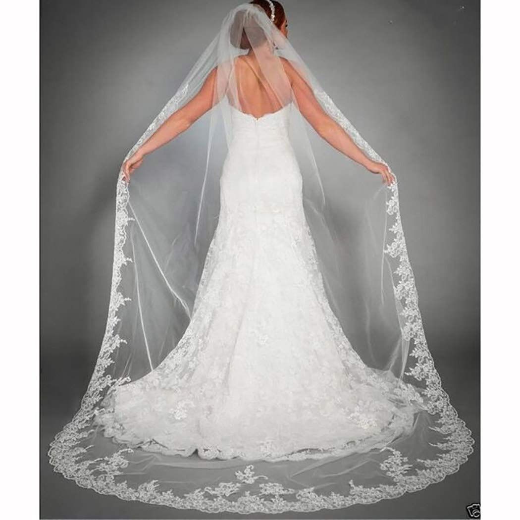 Ursumy Gorgeous Wedding Lace Long Cathedral Veil