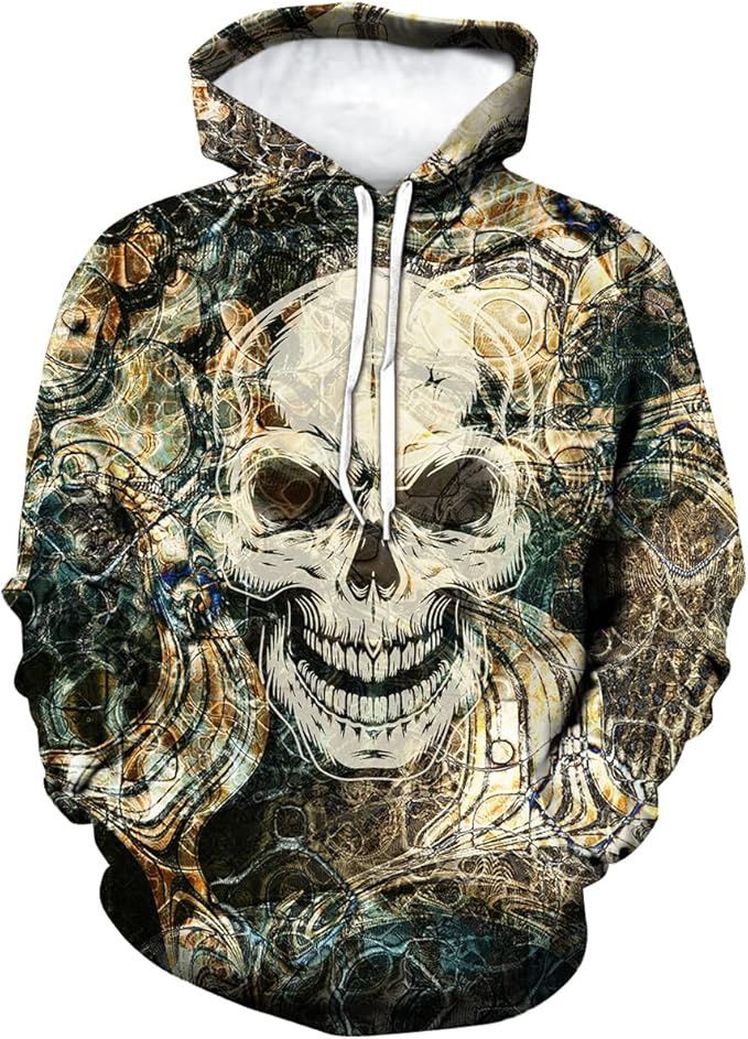Mens Skull 3D Graphic Print Hoodie, Size: Large