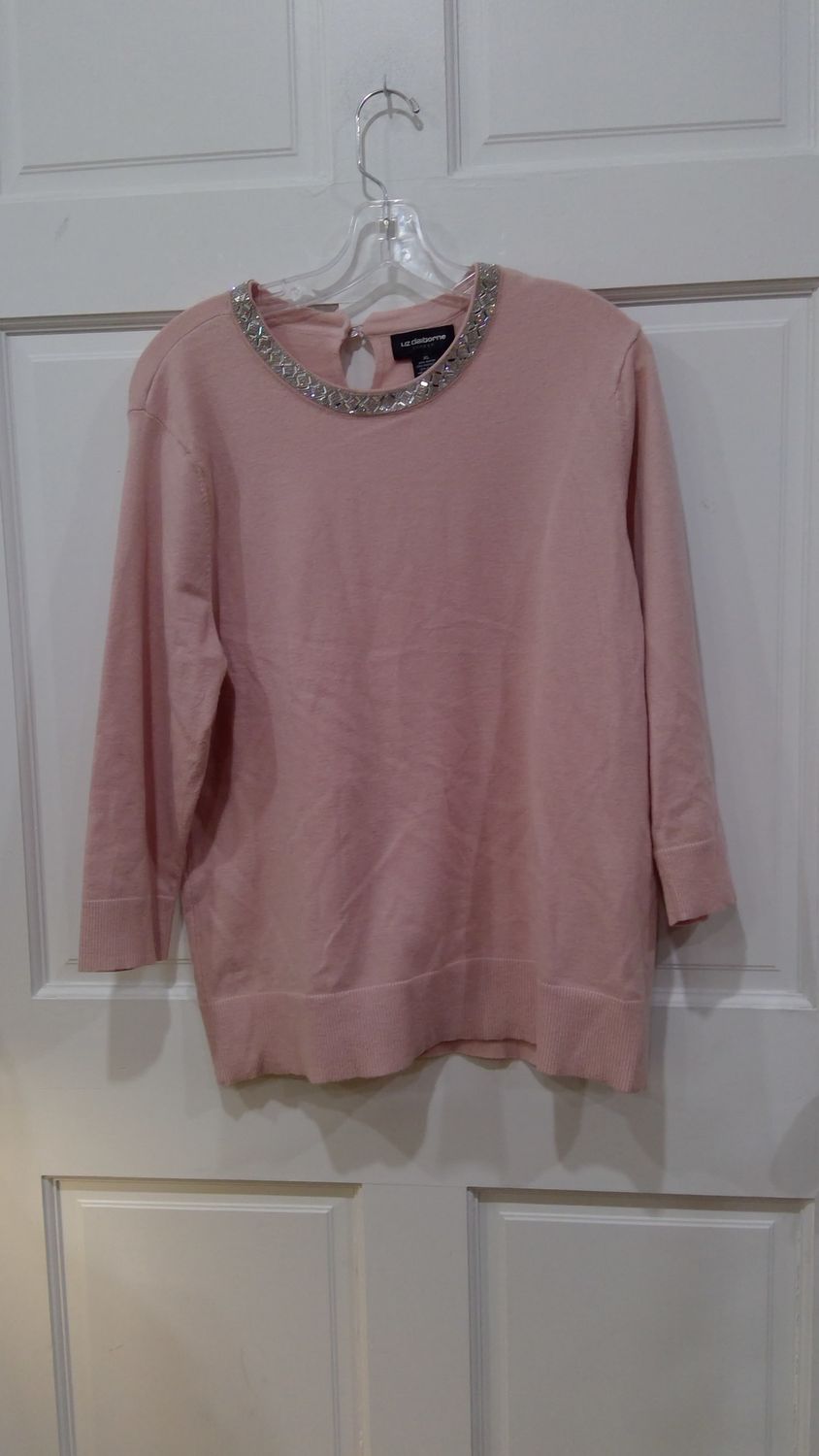 Liz Claiborne Pale Pink Sweater With Rhinestone  Neckline Size  xl