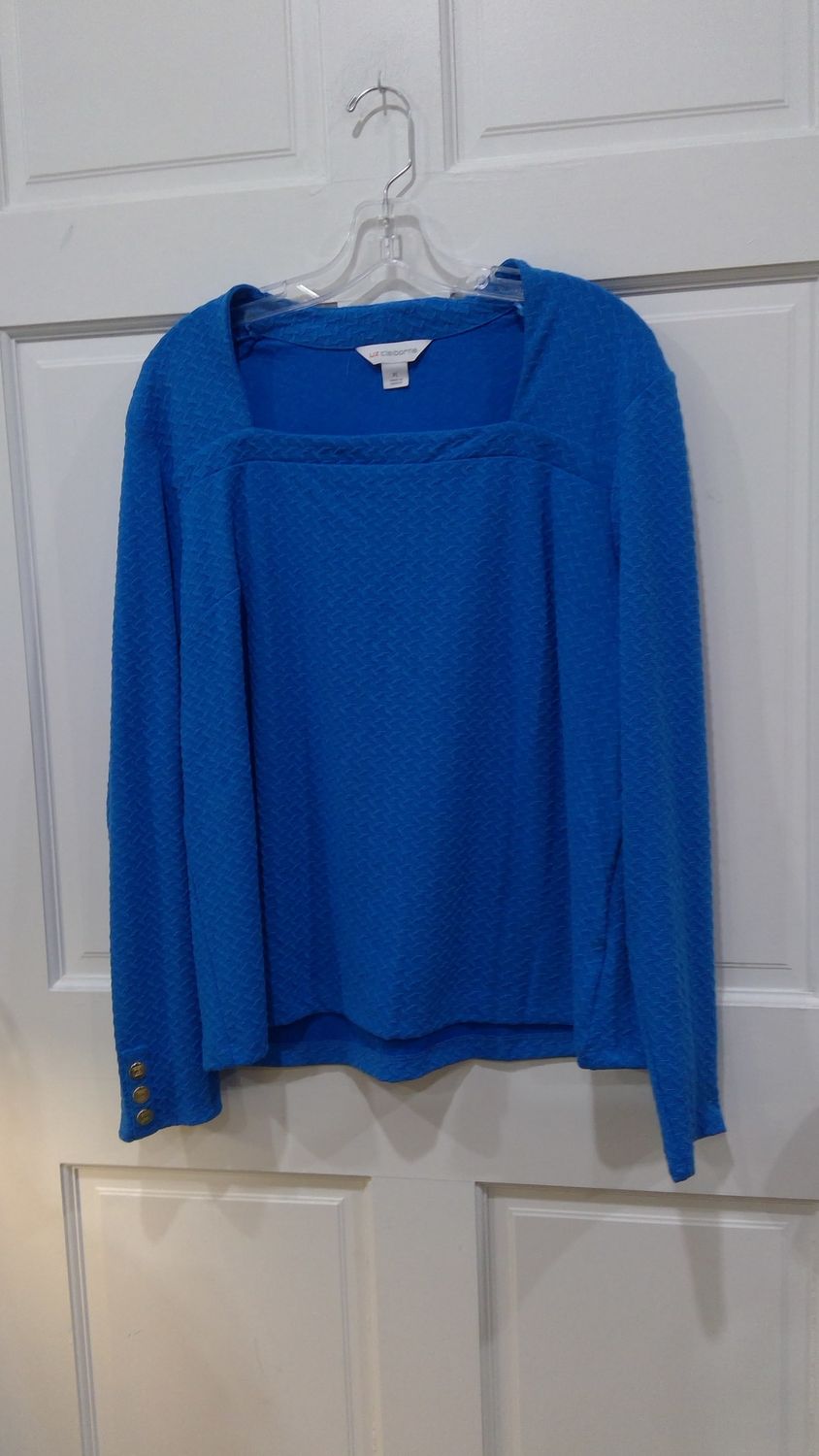 Liz Claiborne Blue Square Neck Textured Blouse  With Buttons On Sleeve Size  xl